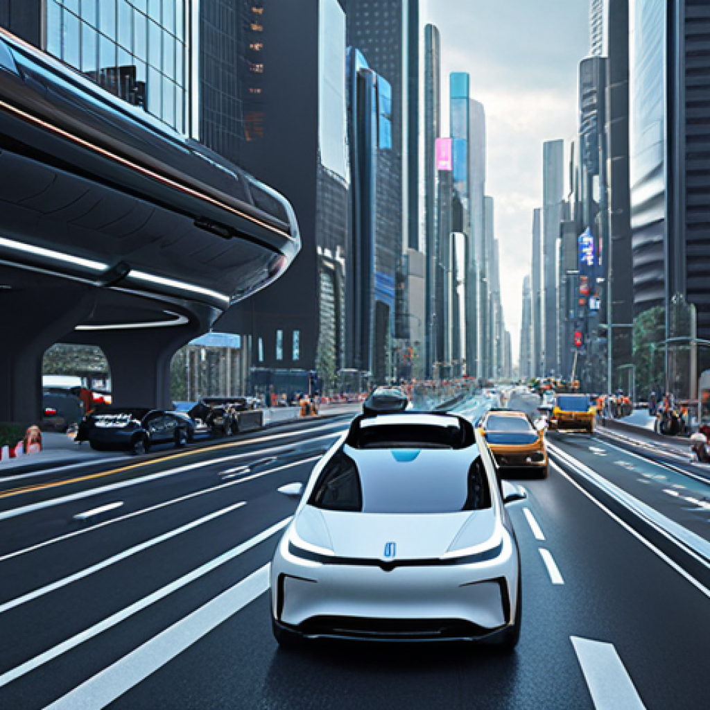 ** Futuristic cityscape with autonomous vehicles seamlessly navigating traffic, showcasing advanced AI integration in transportation. Focus on sleek designs and technological sophistication.

**
