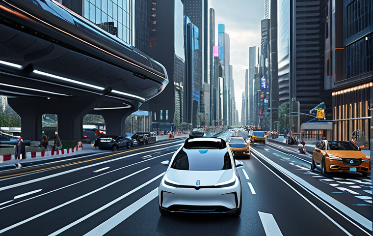 ** Futuristic cityscape with autonomous vehicles seamlessly navigating traffic, showcasing advanced AI integration in transportation. Focus on sleek designs and technological sophistication.
**