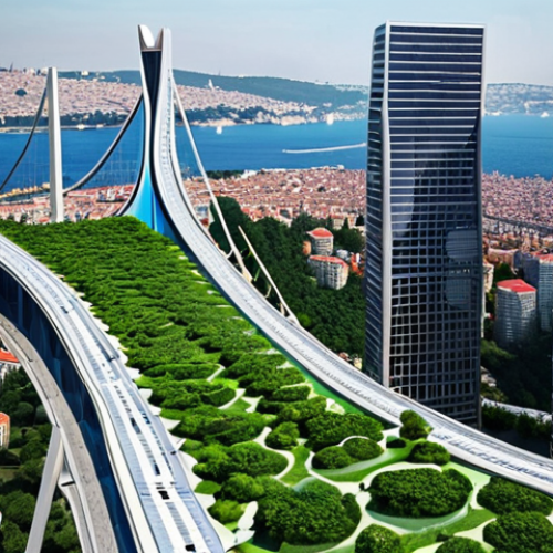**Prompt:** "A futuristic smart city skyline in Istanbul, Turkey, showcasing buildings with integrated solar panels and vertical gardens. Depict AI-controlled drones monitoring energy usage and traffic flow. The overall feel should be optimistic and sustainable, with a focus on green technology seamlessly integrated into the urban environment. Include the Bosphorus bridge in the background."
