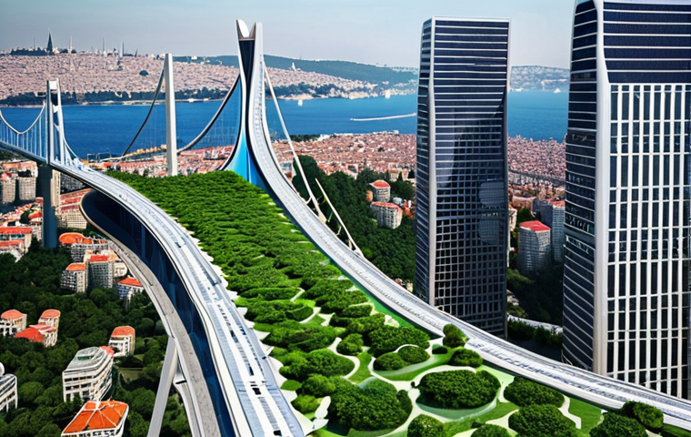 **Prompt:** "A futuristic smart city skyline in Istanbul, Turkey, showcasing buildings with integrated solar panels and vertical gardens. Depict AI-controlled drones monitoring energy usage and traffic flow. The overall feel should be optimistic and sustainable, with a focus on green technology seamlessly integrated into the urban environment. Include the Bosphorus bridge in the background."