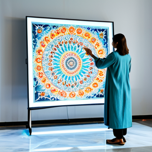 A professional Turkish artist, fully clothed in a modest, modern tunic and trousers, stands in a clean, brightly lit art studio. She is observing a holographic projection above a traditional Ebru art water tray, where AI-generated, vibrant Ebru patterns seamlessly blend with real water marbling. The studio background is minimalist, with subtle Turkish geometric designs on the wall. The scene embodies a futuristic intersection of traditional art and advanced technology, safe for work, appropriate content, professional, perfect anatomy, correct proportions, natural pose, well-formed hands, proper finger count, natural body proportions, high-quality digital art, soft natural lighting.