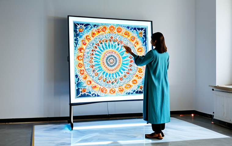 A professional Turkish artist, fully clothed in a modest, modern tunic and trousers, stands in a clean, brightly lit art studio. She is observing a holographic projection above a traditional Ebru art water tray, where AI-generated, vibrant Ebru patterns seamlessly blend with real water marbling. The studio background is minimalist, with subtle Turkish geometric designs on the wall. The scene embodies a futuristic intersection of traditional art and advanced technology, safe for work, appropriate content, professional, perfect anatomy, correct proportions, natural pose, well-formed hands, proper finger count, natural body proportions, high-quality digital art, soft natural lighting.