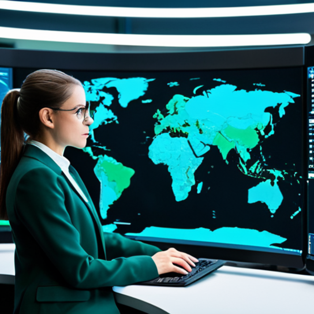 A focused female professional, fully clothed in a modest, tailored business suit, seated at a high-tech workstation within a modern, secure cybersecurity operations center. Large, curved interactive holographic displays surround her, showcasing intricate data streams, real-time threat maps, and digital security protocols in vibrant blue and green tones. The environment is sleek, illuminated by soft ambient light, emphasizing professionalism and advanced technology. Professional photography, high detail, crisp focus, safe for work, appropriate content, fully clothed, professional dress, perfect anatomy, correct proportions, natural pose, well-formed hands, proper finger count, natural body proportions, family-friendly.