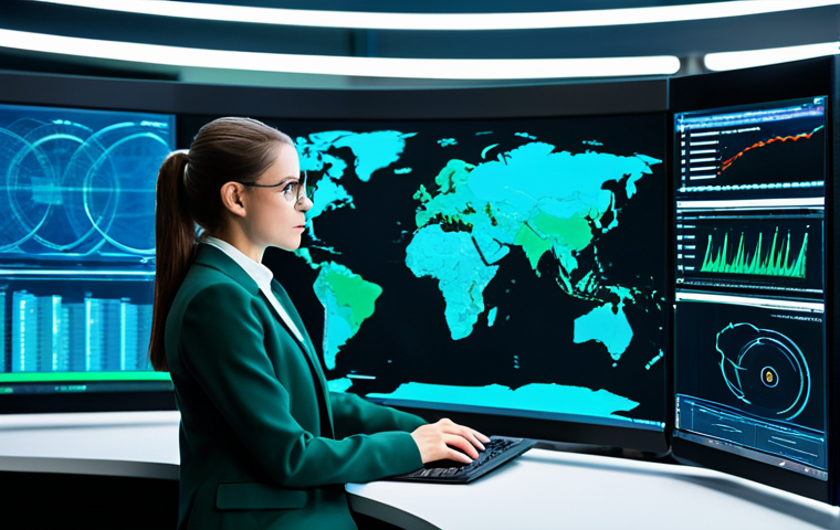 A focused female professional, fully clothed in a modest, tailored business suit, seated at a high-tech workstation within a modern, secure cybersecurity operations center. Large, curved interactive holographic displays surround her, showcasing intricate data streams, real-time threat maps, and digital security protocols in vibrant blue and green tones. The environment is sleek, illuminated by soft ambient light, emphasizing professionalism and advanced technology. Professional photography, high detail, crisp focus, safe for work, appropriate content, fully clothed, professional dress, perfect anatomy, correct proportions, natural pose, well-formed hands, proper finger count, natural body proportions, family-friendly.