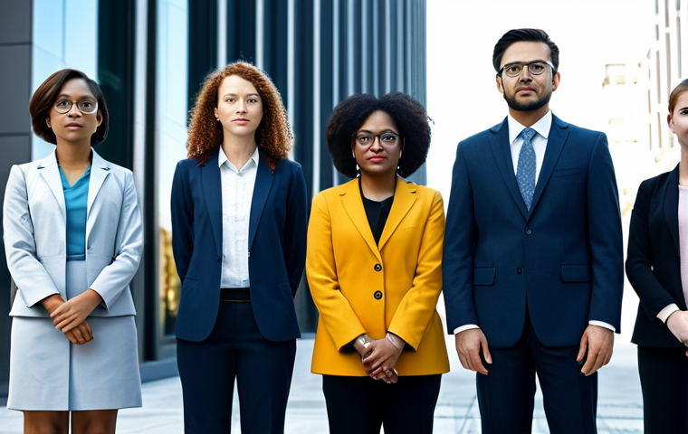 Algorithmic Bias in Hiring**
"A diverse group of professionals standing in front of a modern office building, some looking hopeful, some concerned. A subtle overlay of binary code suggests unseen algorithmic influence. Fully clothed, appropriate attire, professional setting. Safe for work, family-friendly, perfect anatomy, correct proportions, natural pose, high resolution, realistic rendering. Addresses the theme of algorithmic bias in job applications. Illustrates the potential for unfairness in AI-driven hiring processes. Modest attire, professional dress."
**
