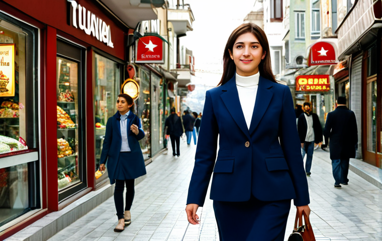 **
A bustling Istanbul street scene, midday. A young, professional woman in a modest, tailored business suit is walking confidently towards the camera. She carries a stylish handbag. In the background are shops with Turkish signs and people going about their day. Warm, natural lighting. Perfect anatomy, correct proportions, well-formed hands, proper finger count. Safe for work, appropriate content, fully clothed, professional.
**