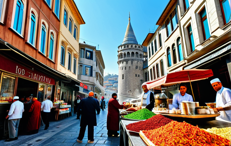 인공지능 학습에서의 협업 중요성 - ** A bustling Istanbul street scene, featuring a tea vendor serving customers near the Galata Tower....