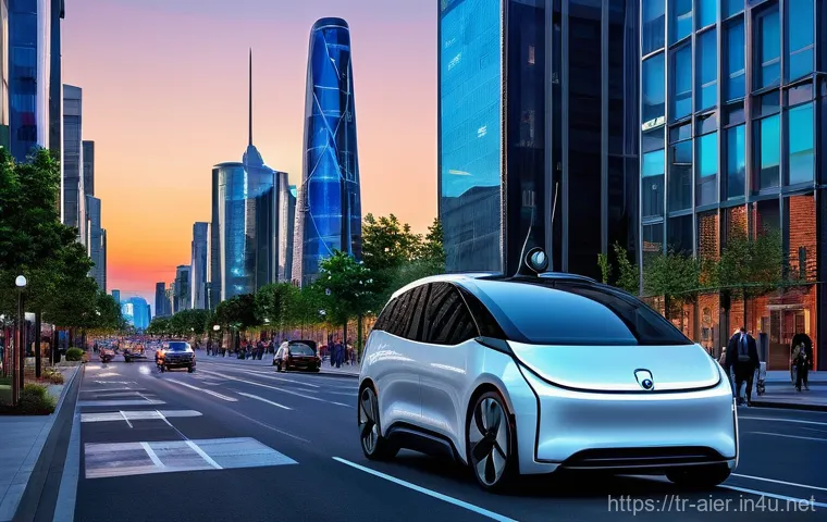 AI 기술을 활용한 자율주행차 사례 - **Prompt: "A sleek, futuristic autonomous vehicle glides smoothly through a vibrant, bustling metrop...