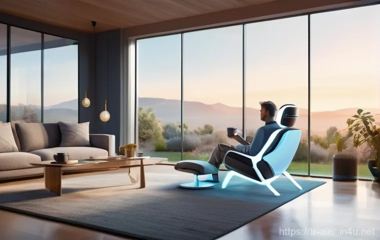 인공지능 관련 법률과 규제 사례 - **Prompt:** A serene and futuristic smart home interior bathed in warm morning light. An adult perso...
