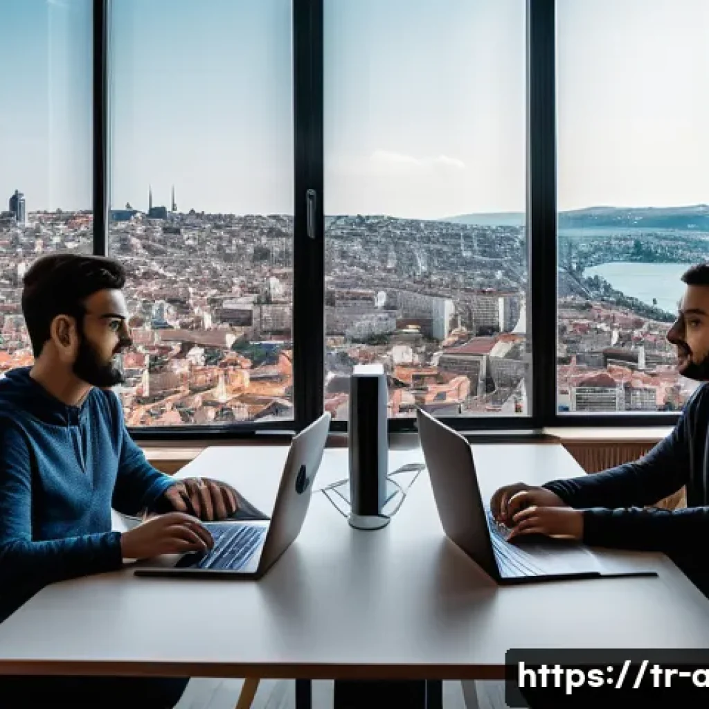 AI 전문가의 취업 과정 체험기 - A modern Turkish tech workspace featuring a diverse group of young professionals collaborating on AI...