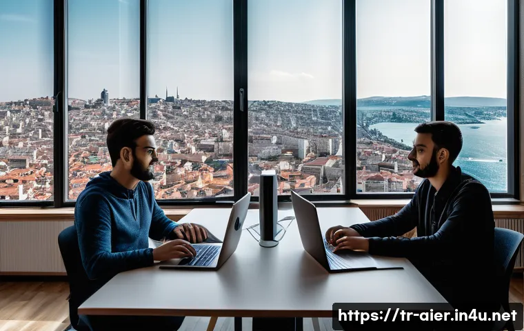 AI 전문가의 취업 과정 체험기 - A modern Turkish tech workspace featuring a diverse group of young professionals collaborating on AI...