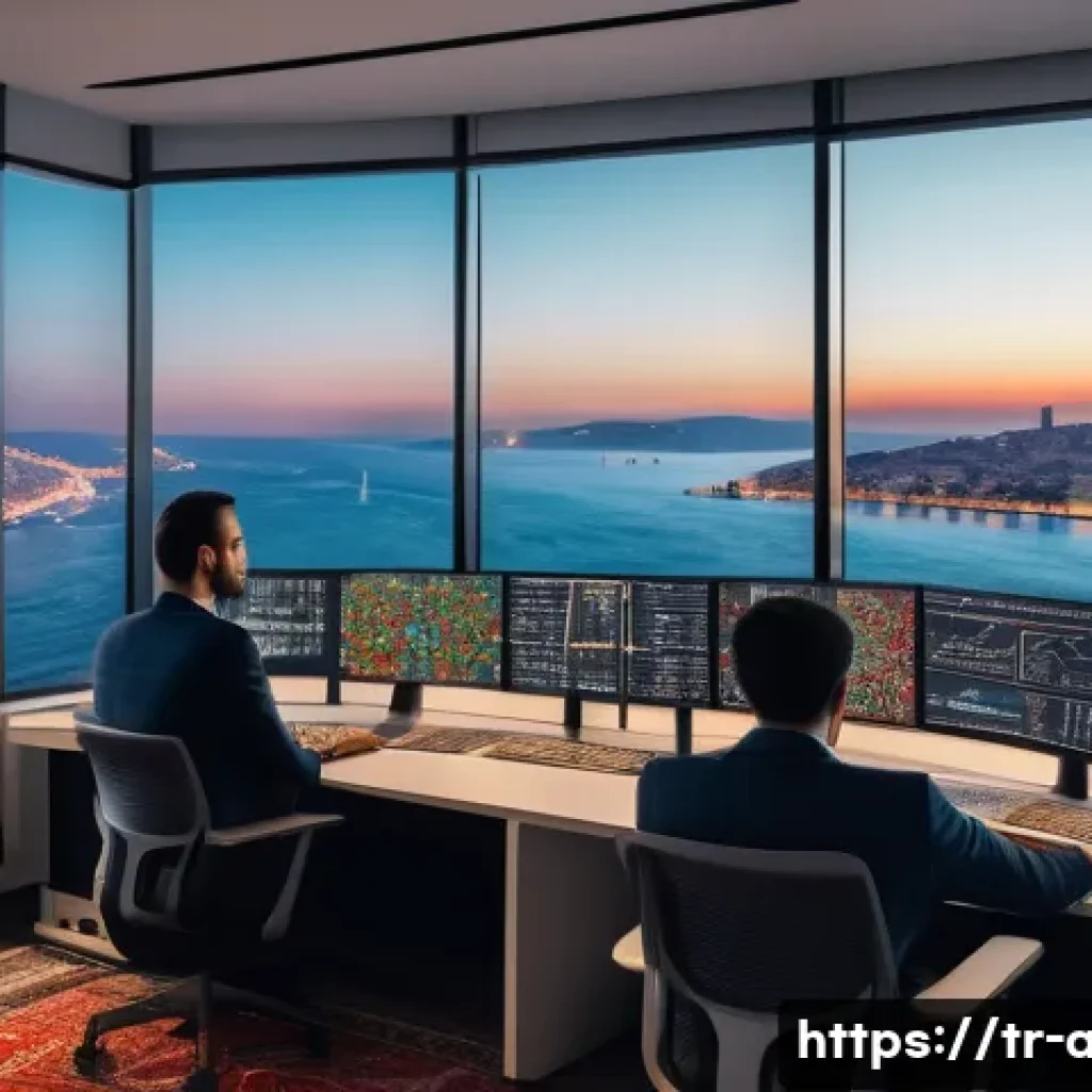 AI 관련 취업 면접 예상 질문 - A modern office scene showing a diverse team of Turkish AI engineers collaborating on machine learni...