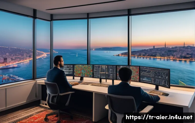 AI 관련 취업 면접 예상 질문 - A modern office scene showing a diverse team of Turkish AI engineers collaborating on machine learni...