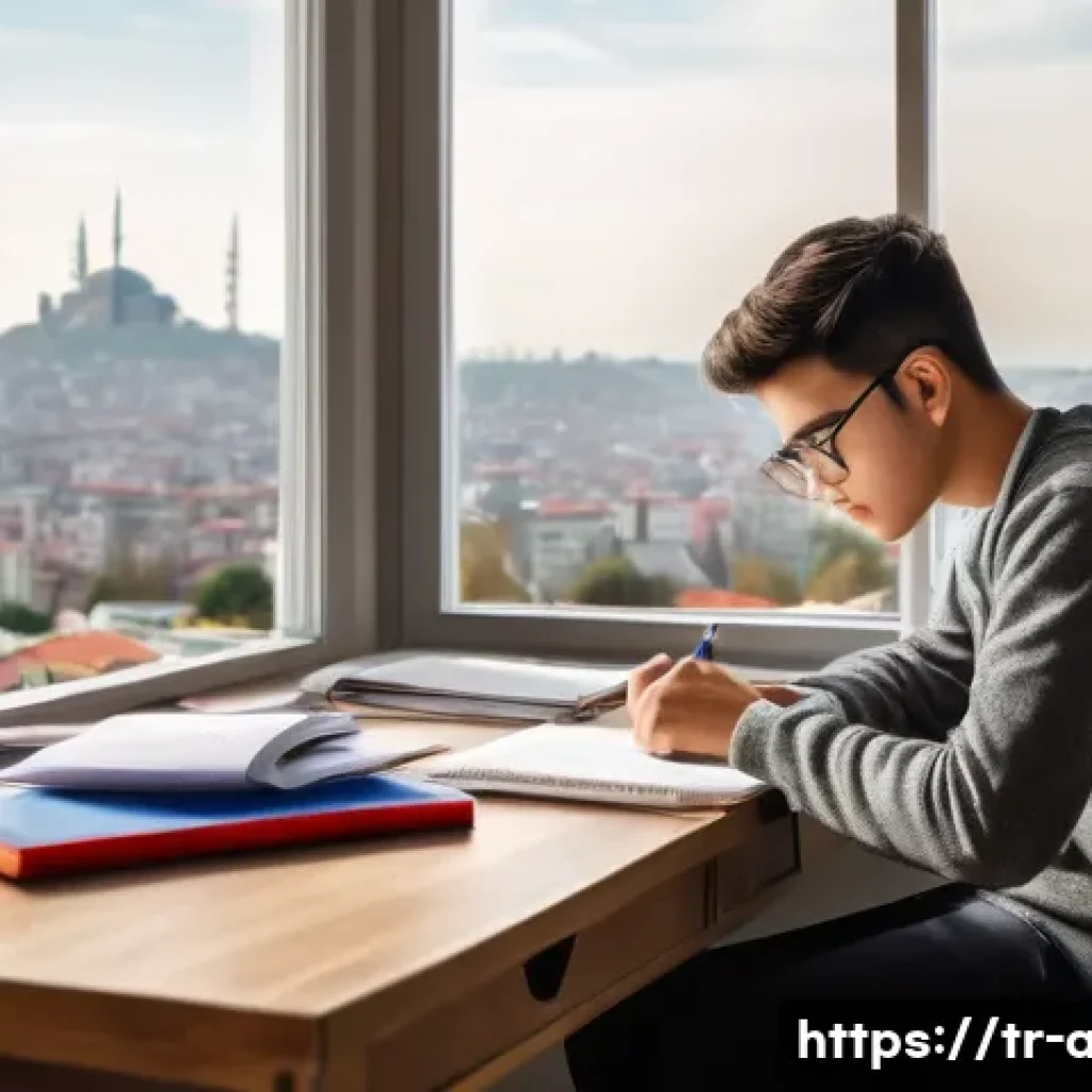 AI 자격시험에서의 시간 관리 노하우 - A focused Turkish student sitting at a wooden desk in a quiet, well-lit room with a large window sho...