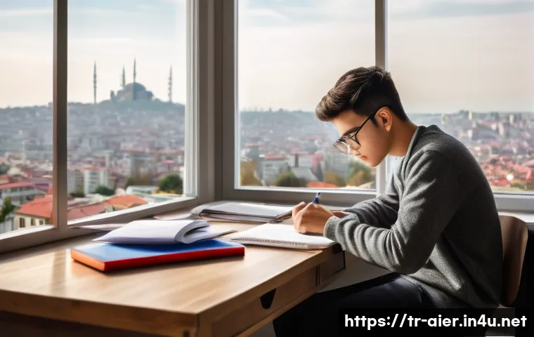 AI 자격시험에서의 시간 관리 노하우 - A focused Turkish student sitting at a wooden desk in a quiet, well-lit room with a large window sho...