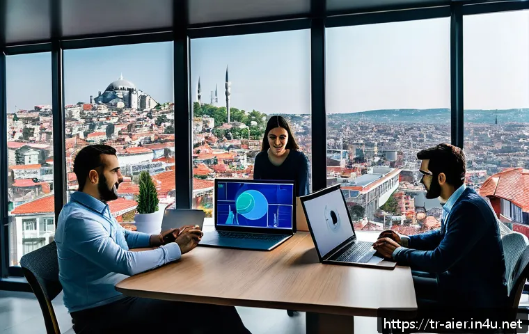 머신러닝 프로젝트의 성공 요인 - A professional office setting in Istanbul with a diverse team of data scientists and software engine...