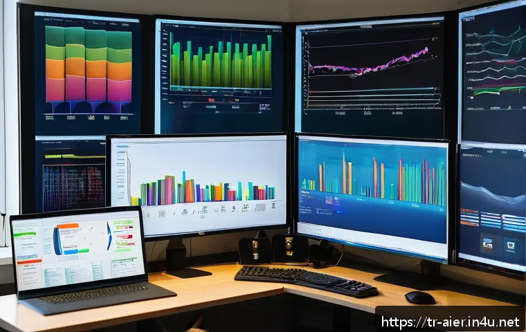 머신러닝 프로젝트의 데이터 시각화 전략 - A professional data analyst&rsquo;s workspace in a modern Istanbul office, showcasing multiple computer sc...