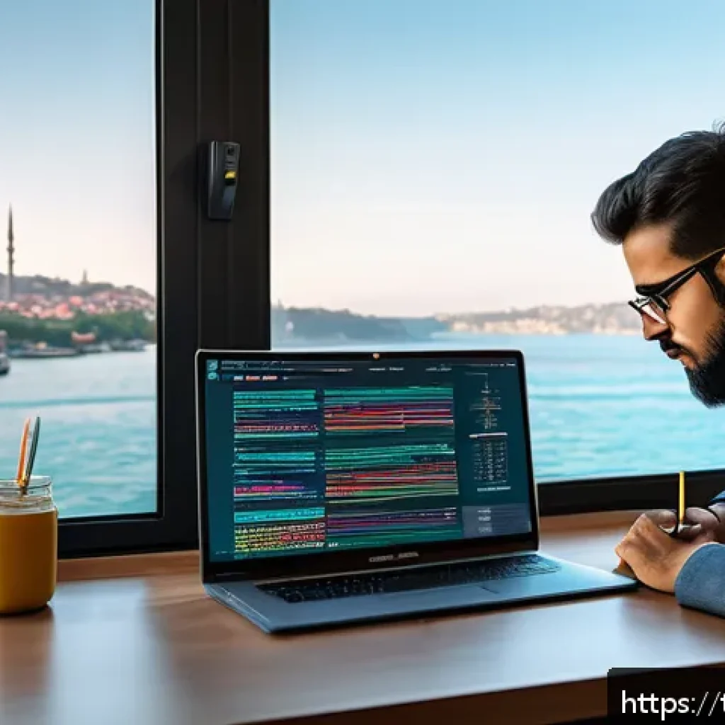 머신러닝 코드 최적화 기법 - A modern data scientist’s workspace in Istanbul, featuring dual monitors displaying colorful data pr...