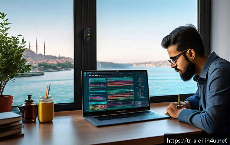 머신러닝 코드 최적화 기법 - A modern data scientist’s workspace in Istanbul, featuring dual monitors displaying colorful data pr...