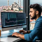 Home 21 AI 전문가 경력 관리 전략 - A modern tech workspace in Istanbul with a young Turkish AI professional deeply focused on coding a ...