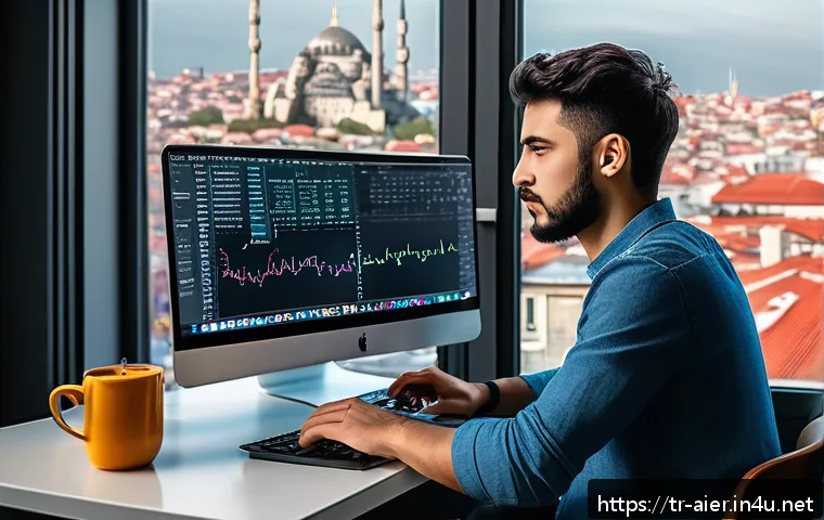 AI 전문가 경력 관리 전략 - A modern tech workspace in Istanbul with a young Turkish AI professional deeply focused on coding a ...