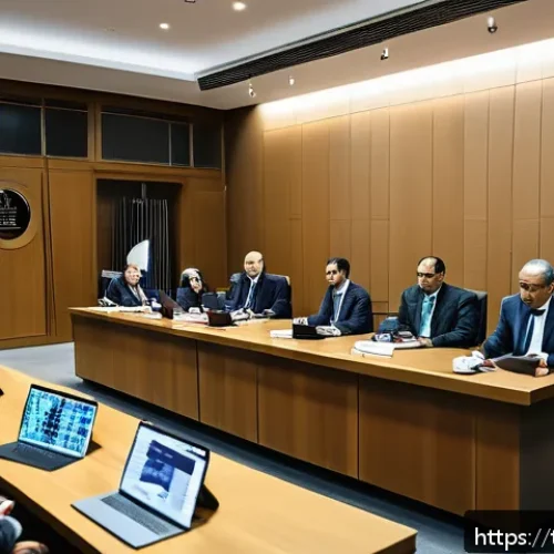 Home 30 AI 관련 특허와 저작권 이슈 - A professional courtroom scene in Istanbul featuring a diverse panel of judges and lawyers debating ...