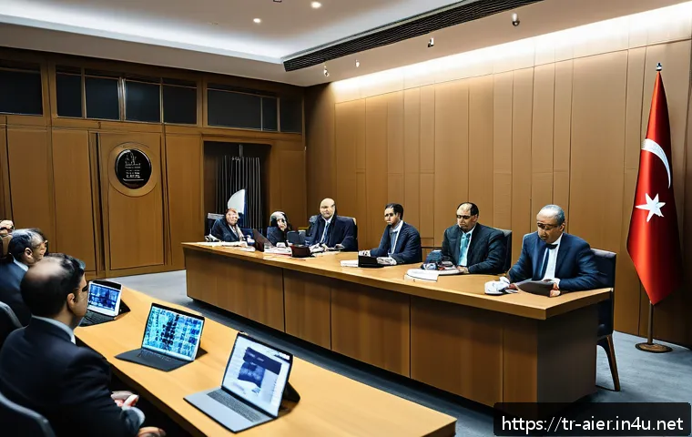 AI 관련 특허와 저작권 이슈 - A professional courtroom scene in Istanbul featuring a diverse panel of judges and lawyers debating ...